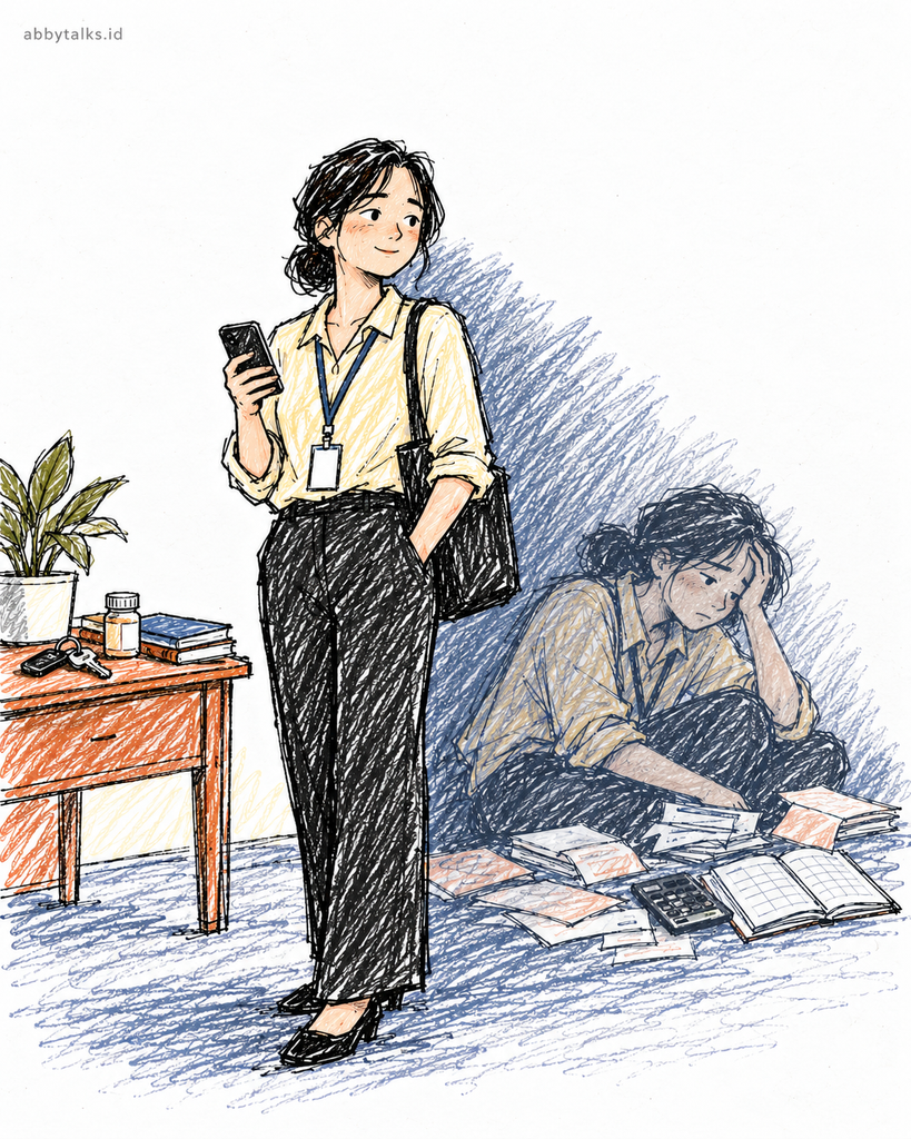 female worker smiles hiding financial strain