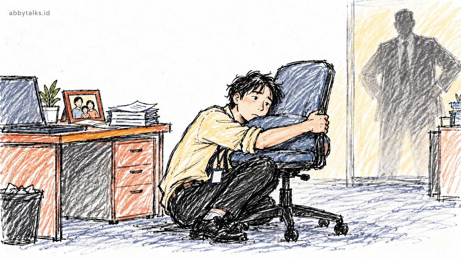 worker hugging a blue office chair